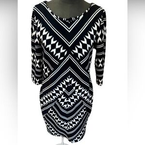 Signature By Robbie Bee Black White Geometric Print 3/4 Sleeved‎ Dress ladies M